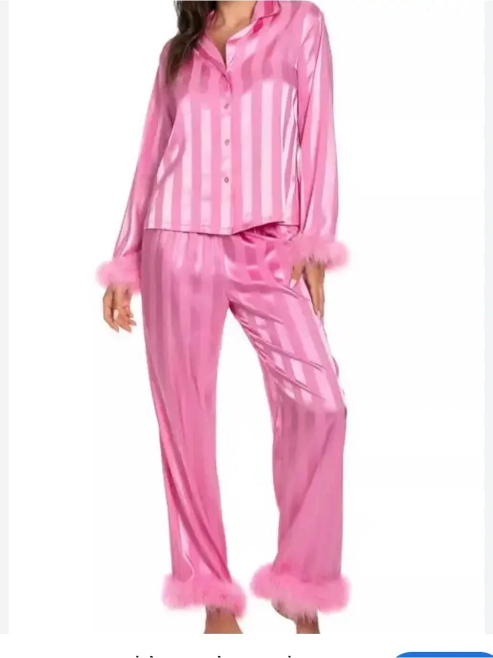 Pink Satin Stripe Pajama Set with Feathered Cuffs - Picture 1 of 6
